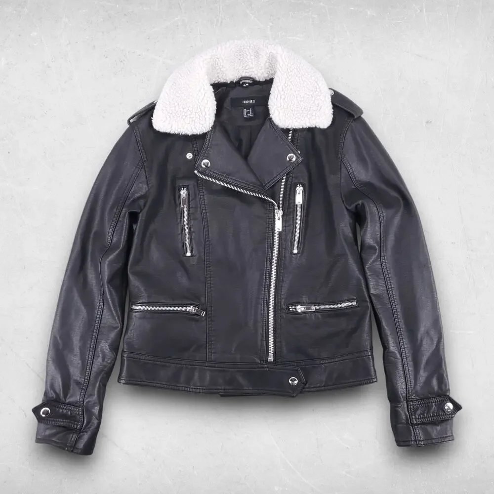 Forever 21 Biker Jacket Women S Black‎ Faux Leather Removable Sherpa Grunge Y2K